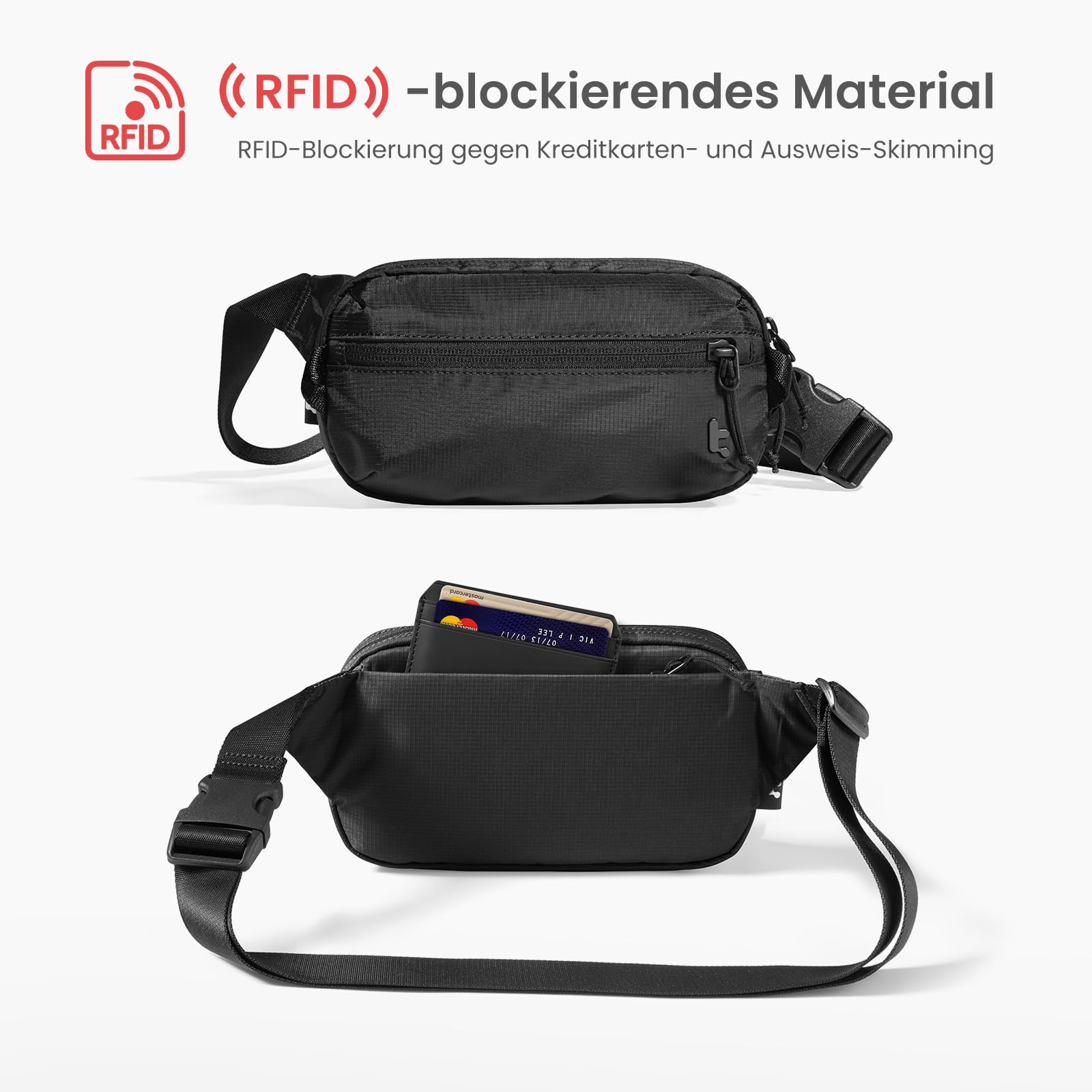 tomtoc 1,5 Liter Sling Bag mit RFID Schutz, Anti Diebstahl Bauchtasche Umhängetasche Schultertasche Crossbody Bag für Herren Damen, Spritzwassergeschützt Leicht Brusttasche für Alltag Reise, Schwarz
