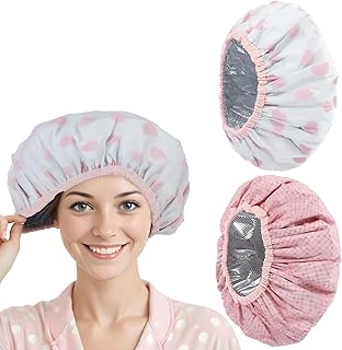 2Pcs Heat Cap for Deep Conditioning, Deep Conditioning Hair Cap, Waterproof Double Layer Hot Oil Hair Treatment Heat Cap, Hair Cap for Sleep,Hair Treatment for Home and Salon Use(Striped, Heart)