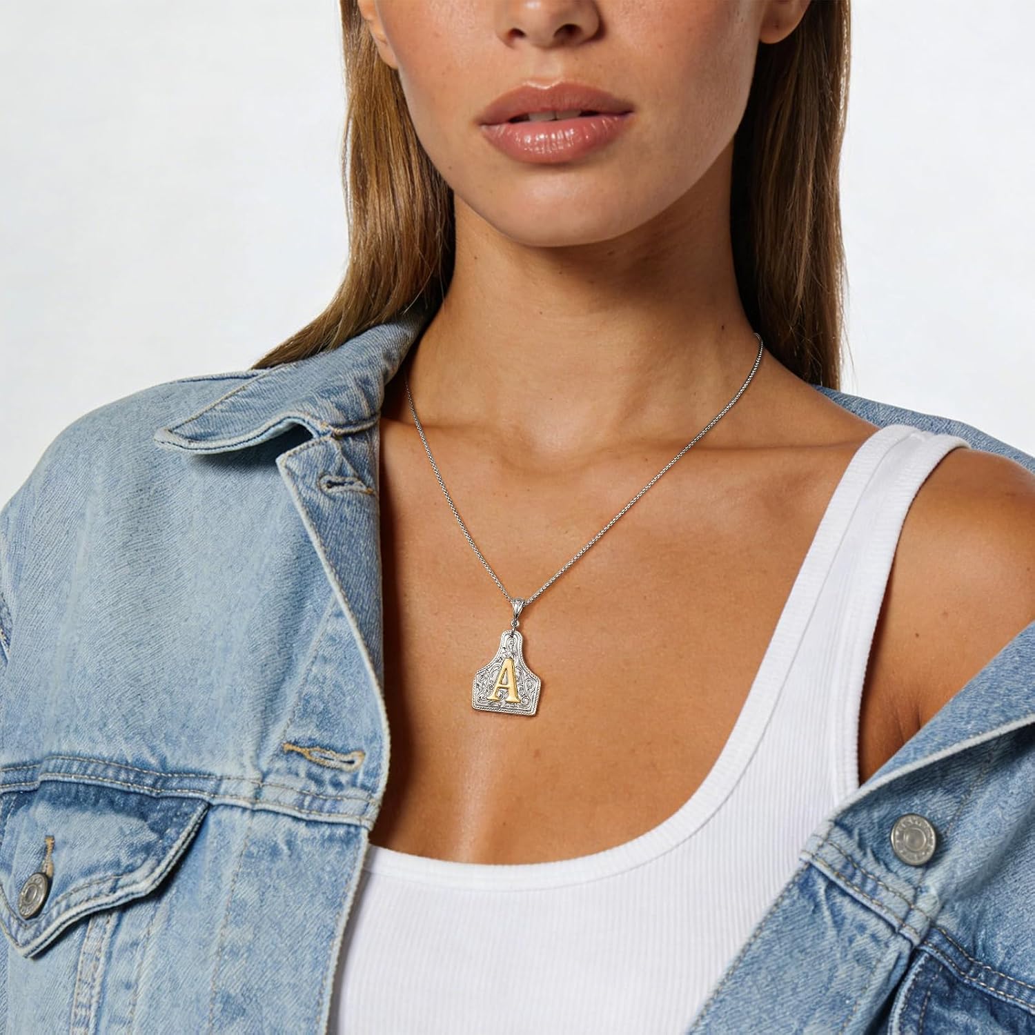 KissYan Western Initial Necklace for Women, 14K Gold Plated Cowboy & Cowgirl Letter Pendant, Handmade Cow Tag Two-Toned Jewelry Gift