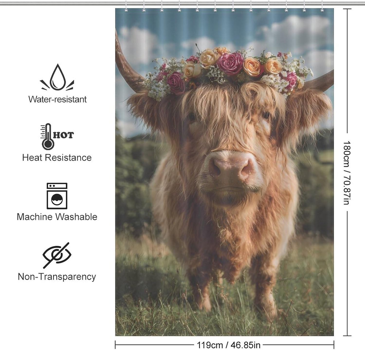 Highland Cow in The Scottish Highlands Shower Curtain 46.85x70.87Inch（119x180cm） Polyester Bath Curtain Shower Curtains Printed Decorative