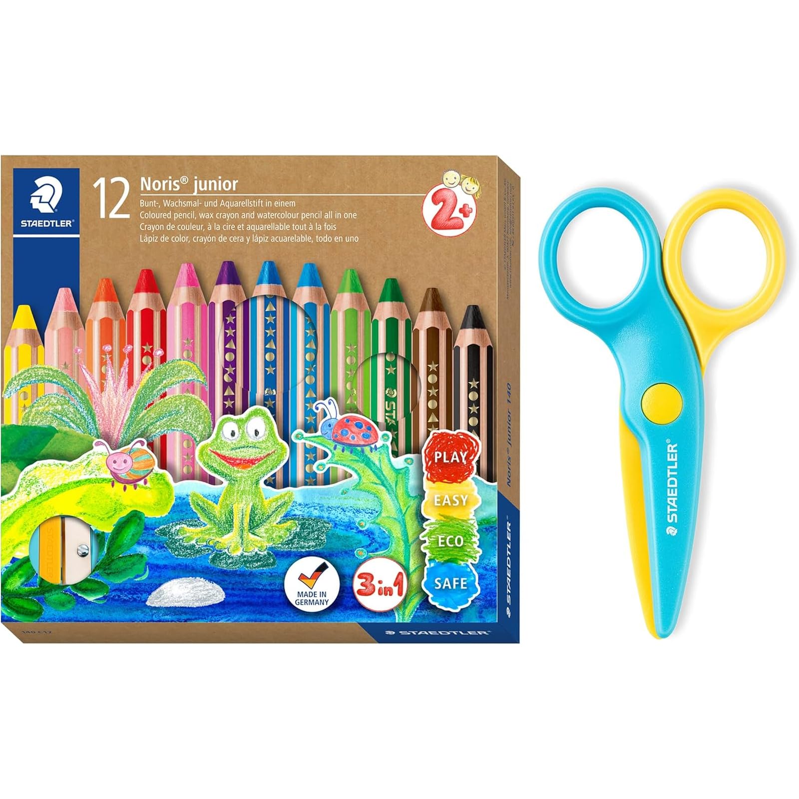 Staedtler Noris Junior 3-in-1 Colouring Pencils and Safety Scissors, Colourful, Wax Crayon and Watercolour Pencil, Ideal for Toddlers, Cuts Paper Only, 12 Colours, Sharpener and Safety Scissors, 140