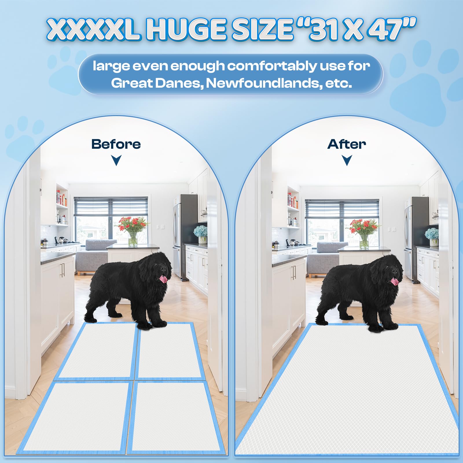 Boscute Almohadillas gruesas 4XL de 6 capas ultra absorbentes para orina de perro, 31 x 47 pulgadas, a prueba de fugas, control de olores, almohadillas de entrenamiento de secado rápido para cachorros