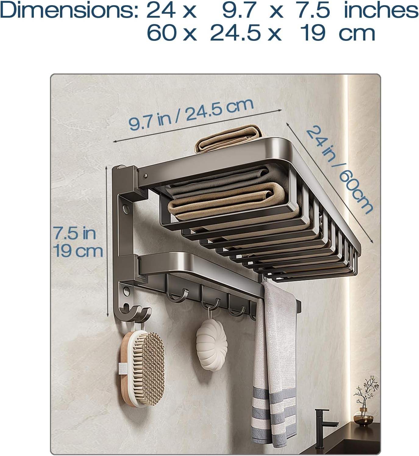 24 inches Bathroom Shelf Tower Rack (No Drilling) Shower Rack with Towel Bar with Tower hooks Shower Caddy - Grey