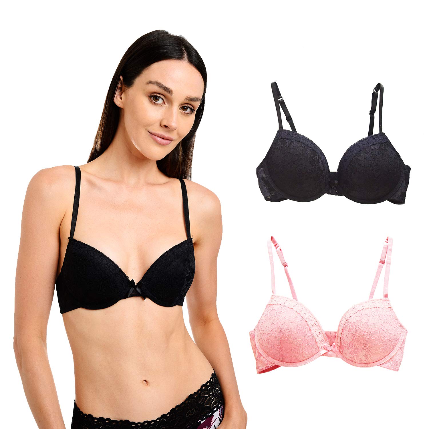 Catherine MalandrinoWomen's 2-Pack Unlined Lace Demi Bra, Black/Pink Floral