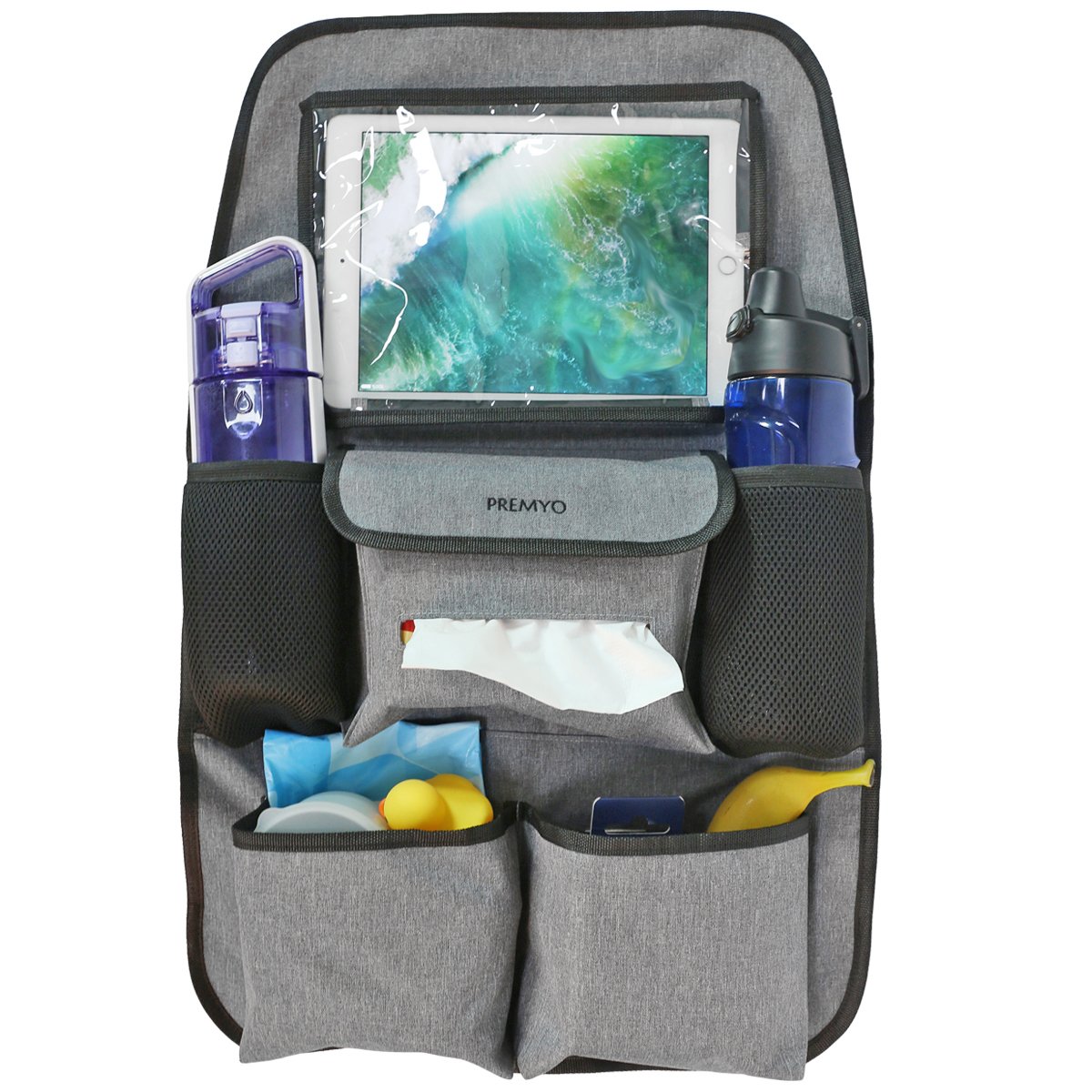 PREMYO Organizador para Coche Protector de Asiento Trasero Respaldo Protección Patadas con Bolsillo para Tablet Soporte Bebidas Impermeable Robusto