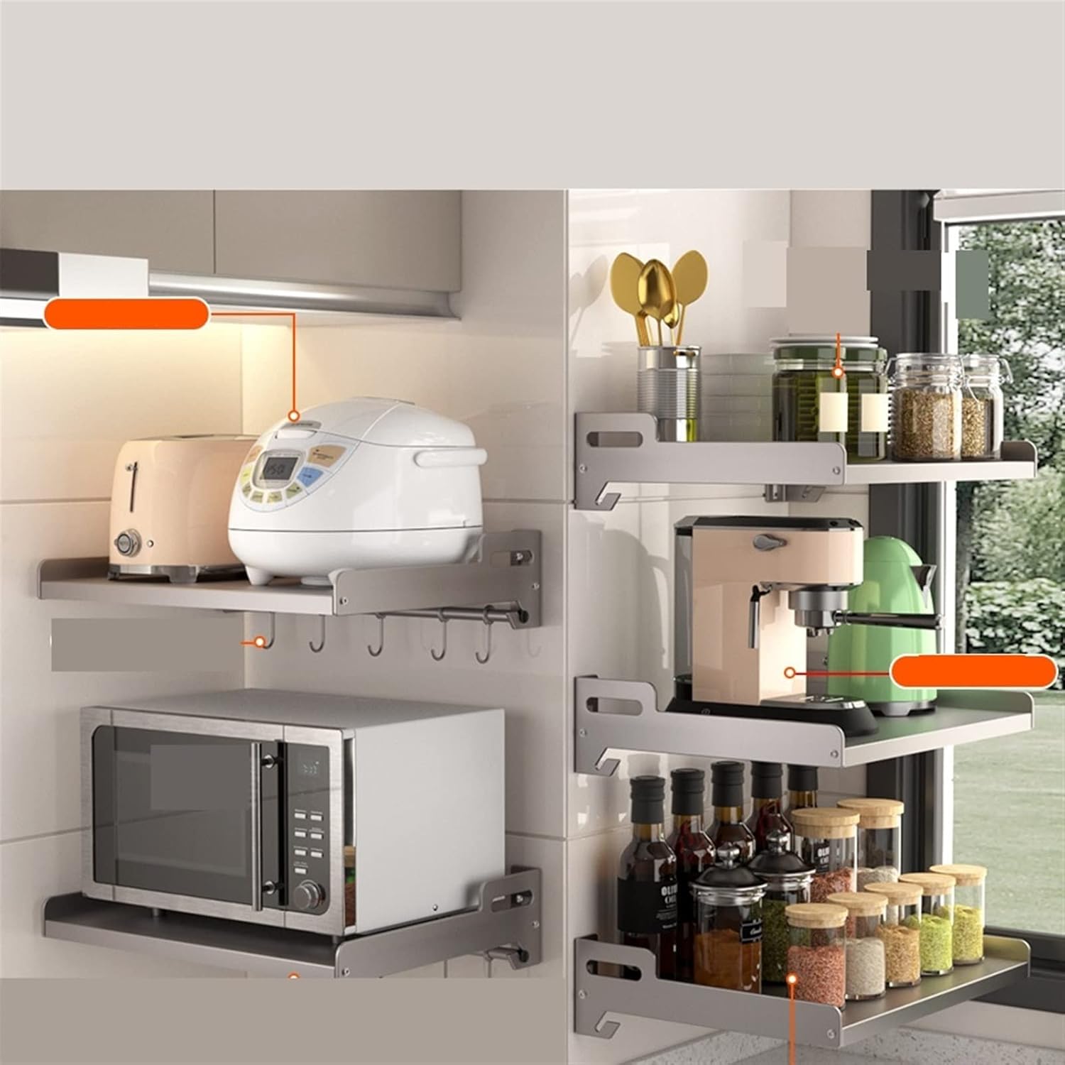 電子レンジラック キッチン電子レンジ収納ラック壁掛けオーブンラック壁収納ラックブラケットパンチなし キッチン収納ラック (Color