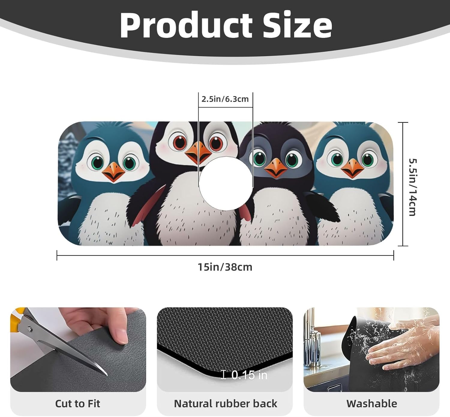 Faucet Mat for Kitchen Sink, Super Absorbent Sink Splash Guard, Fast Drying Mat Five cute penguins Sink Gadgets Splash Guard Behind Faucet Drip Catcher for Bathroom, 15"x 5.5" image 2