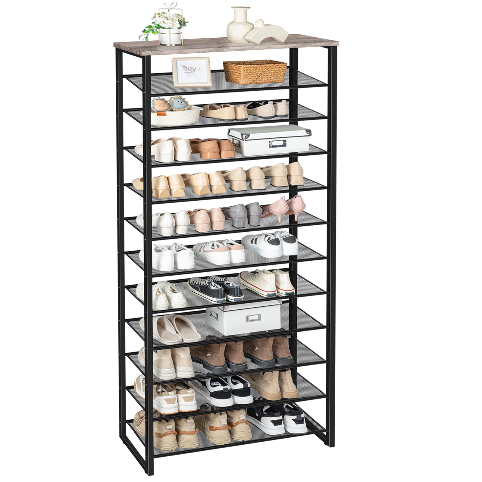 HOOBRO Große Schuhregal, 12-stöckiges Schuhablage, Schuhschrank hoch, für 35-45 Paar Schuhe, Metallrahmen, Industriestil, für Flur, Wohnzimmer, Schlafzimmer, Greige-Schwarz EBG127XJ01