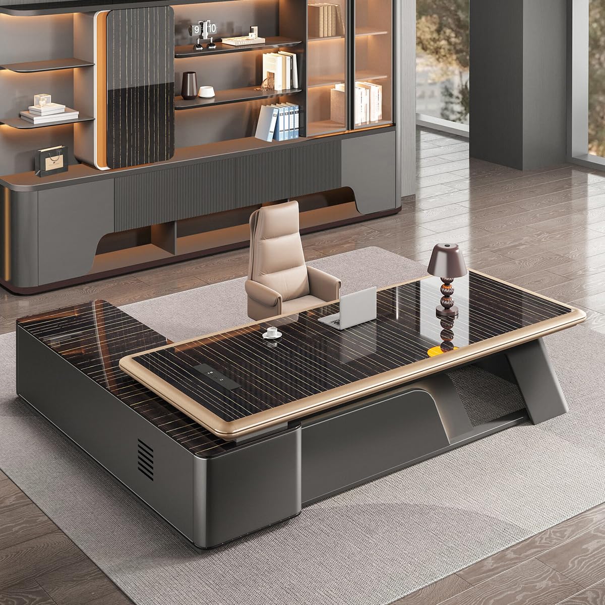 DUWEIKE L Shaped Computer Desk with Storage Cabinet, Home Office Corner Executive Desk with PET High-Gloss Desktop & Lockable File Cabinet for Study Workstation,2.4m