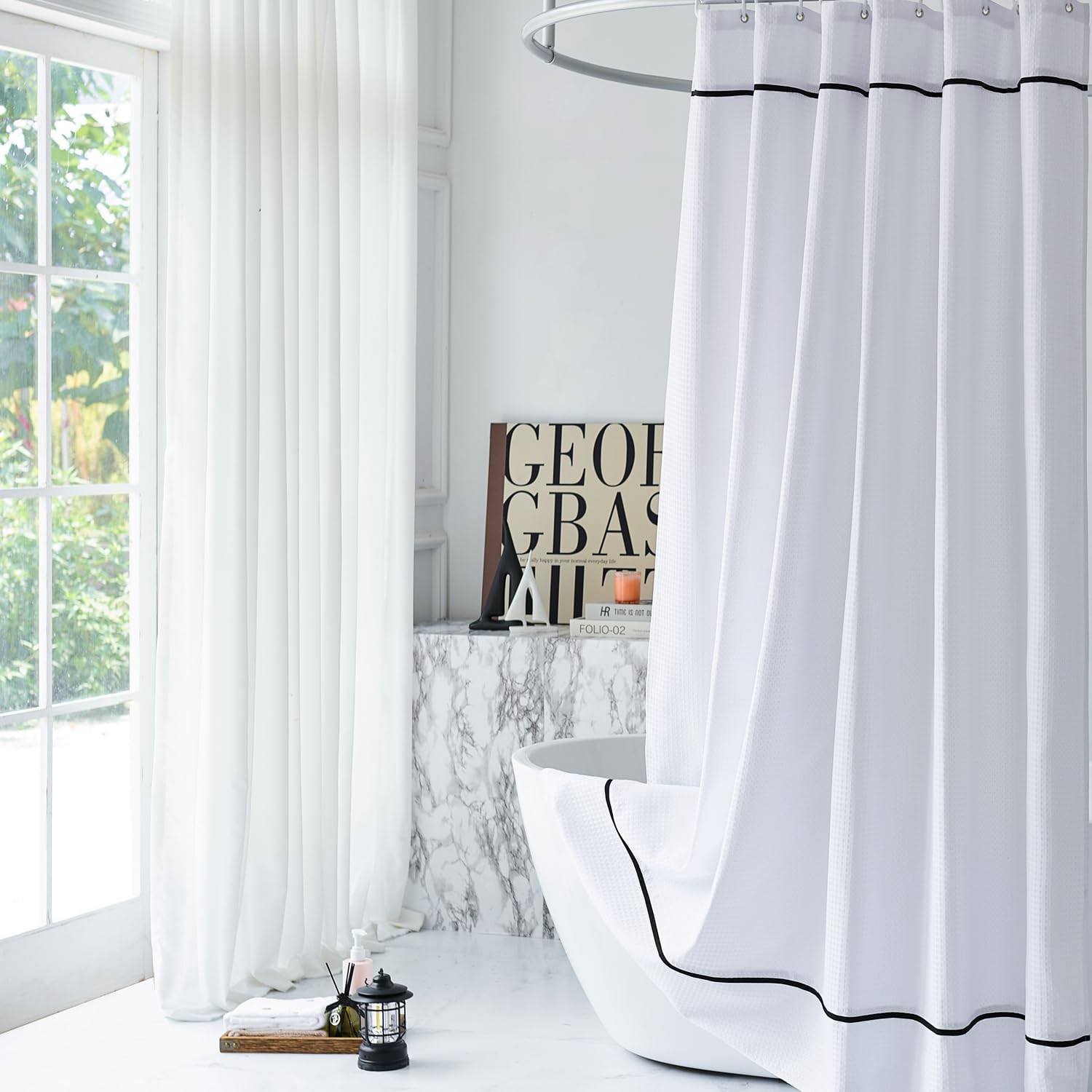 White Shower Curtain with Black Border, Modern Chic Waffle Fabric Shower Curtains for Bathroom and Hotel,72 x 72 Inches