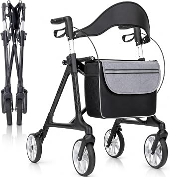 Vive Lightweight Carbon Fiber Rollator Walker - Weighs 15 lbs - Frame w/Seat for Seniors - Folding Mobility Aid - Height Adjustable, Brakes, Armrest & Storage Bag Accessory - Arrives Pre-Assembled