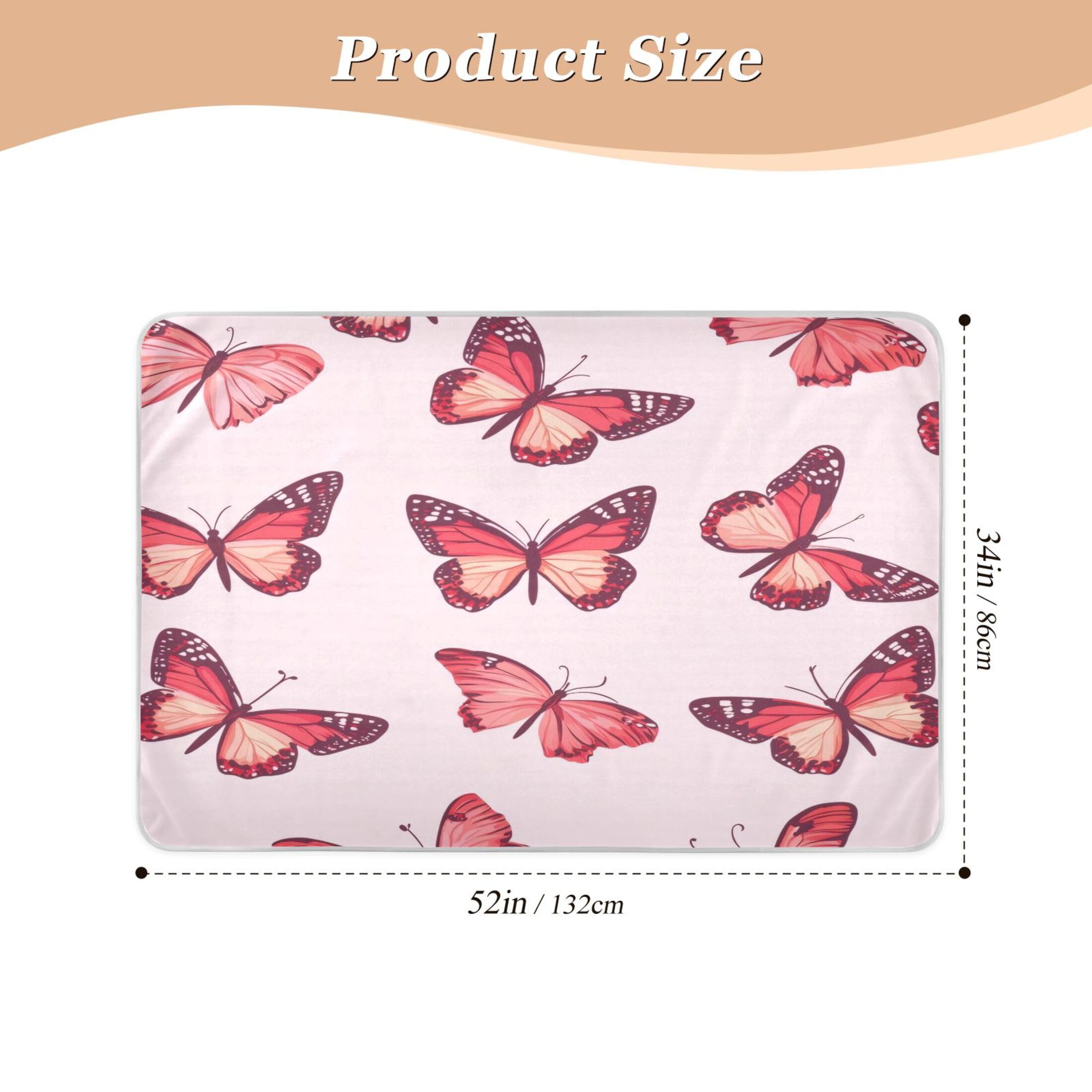 Takiito Pink Butterflies Bed Pad Reusable Bed Underpad Washable Waterproof Leak-Proof Quick Dry Incontinence Pee Pad for Toddlers Kids Adults Pets 34x52 in