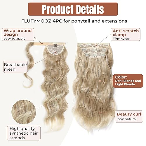 Vista 3 de FLUFYMOOZ Juego de 4 extensiones de cola de caballo media arriba y media plumón, extensiones de cabello sintético suave para mujer, extensiones