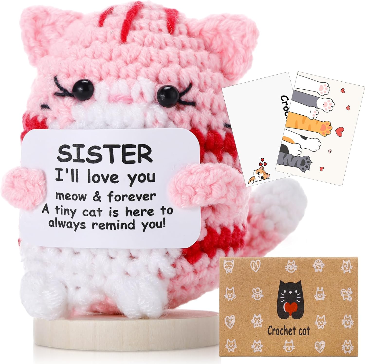 Peryiter Positive Cute Crochet Cat Gifts for Sister Mini Funny Support Knitted Animals with Wood Base Emotional Birthday Gifts Basket Stuffers Desk Decor