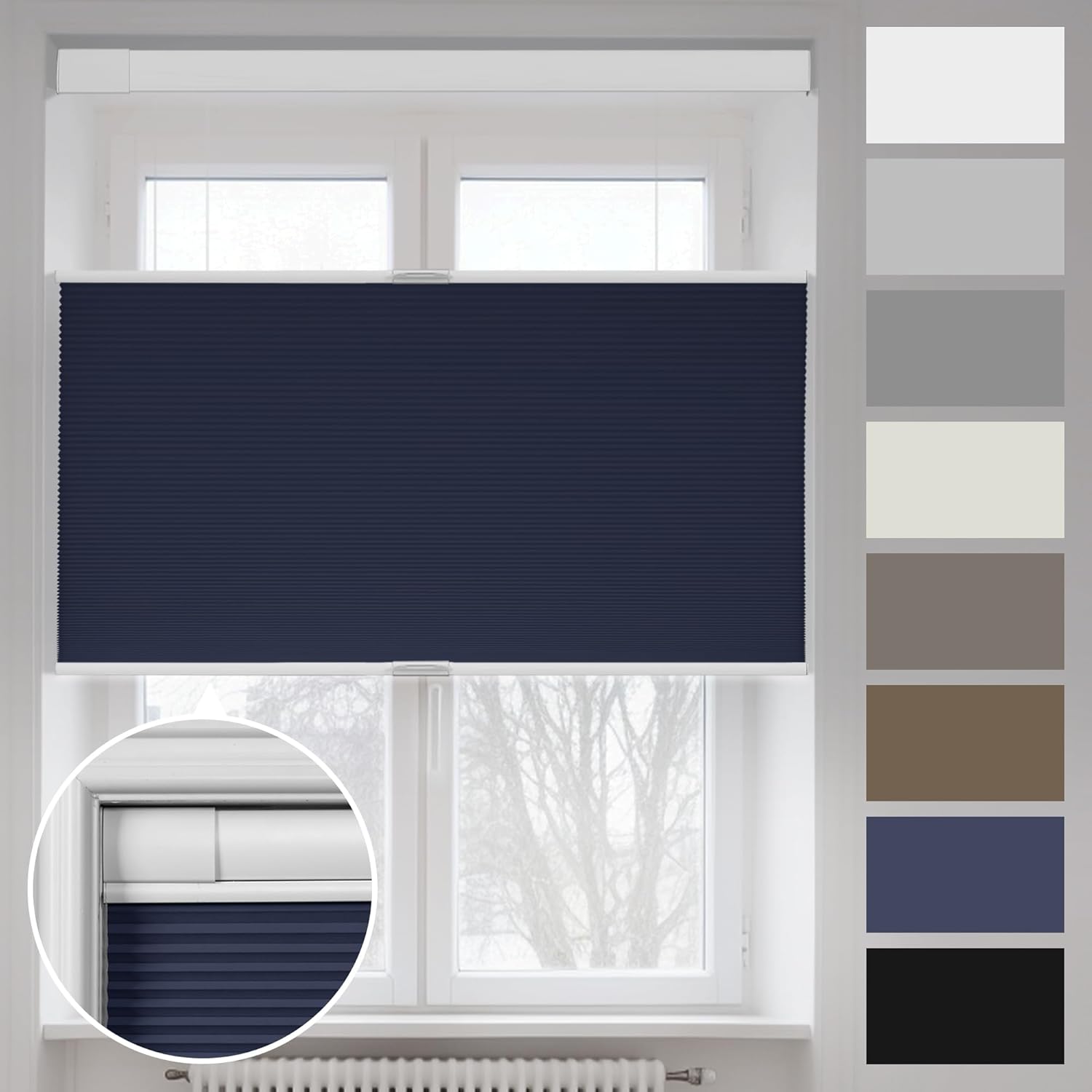 Boolegon No Tools No Drill Shades for Windows,Modern Top Down Bottom Up Cellular Shades,Dark Blueout Cordless Honeycomb Blinds Easy Install Blinds&Shades for Home and Office,Dark Blue,45" W x 56" H