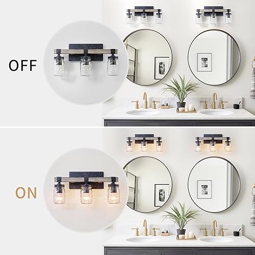 Miniatura 2 de Lámparas de baño de 3 luces, aplique de pared moderno negro, luces de tocador de granja con tarro de vidrio transparente, lámpara de pared para