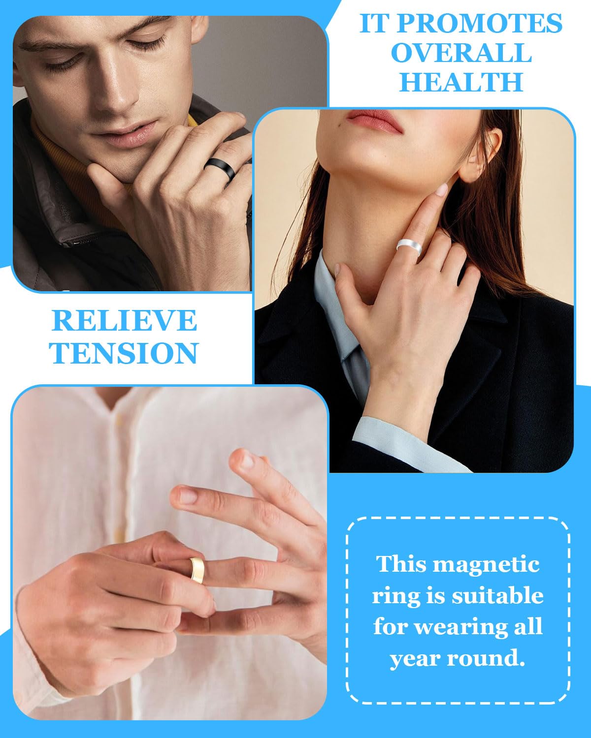 5pcs Anillos De Terapia Magnética,Anillo Magnético Drenaje Linfático,Anillo Abierto para Hombre y Mujer, Juego de Anillos, Con bolsa de almacenamiento