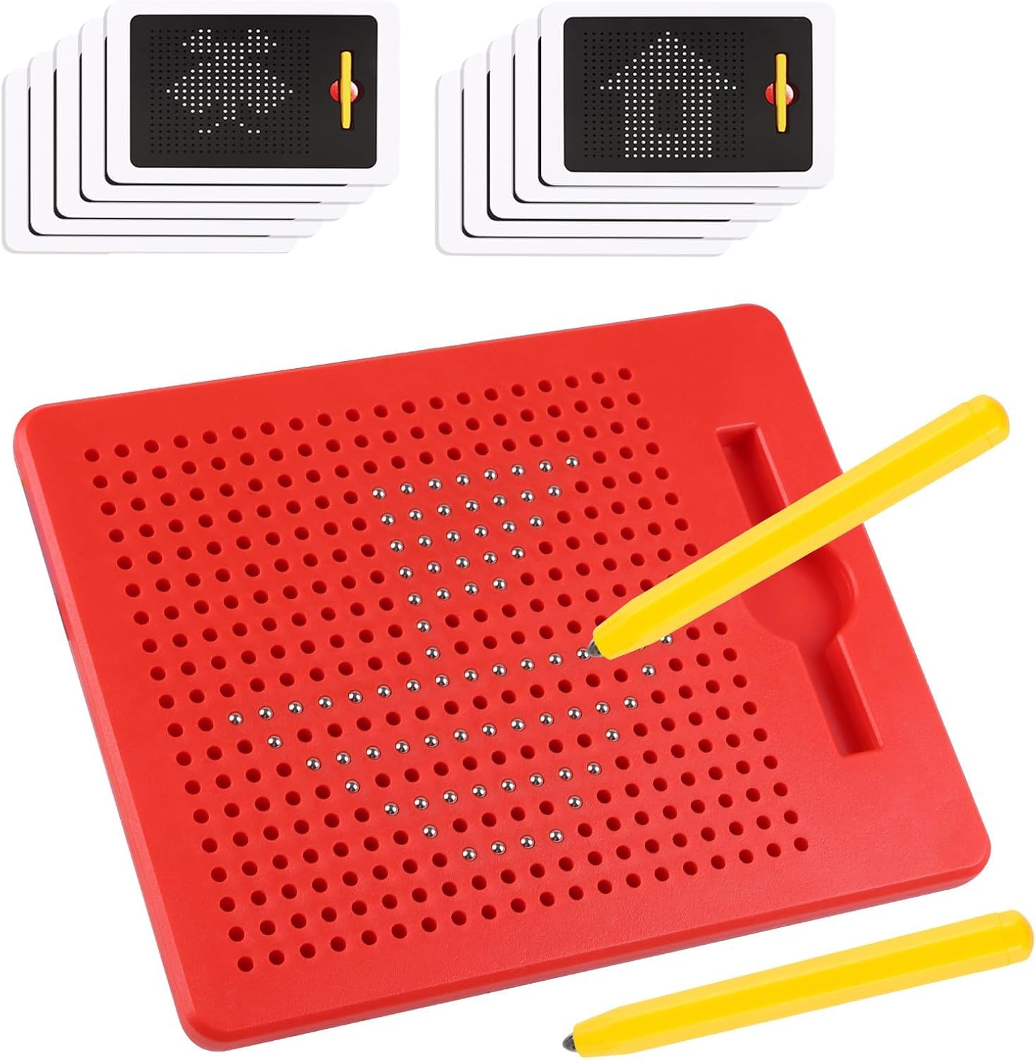 VEYLIN Magnetic Drawing Board for Kids, 21.7 x 17.6 cm, with Steel Ball Magnetic Pen and Template Cards, Educational Toy for Children Ages 3+(red)