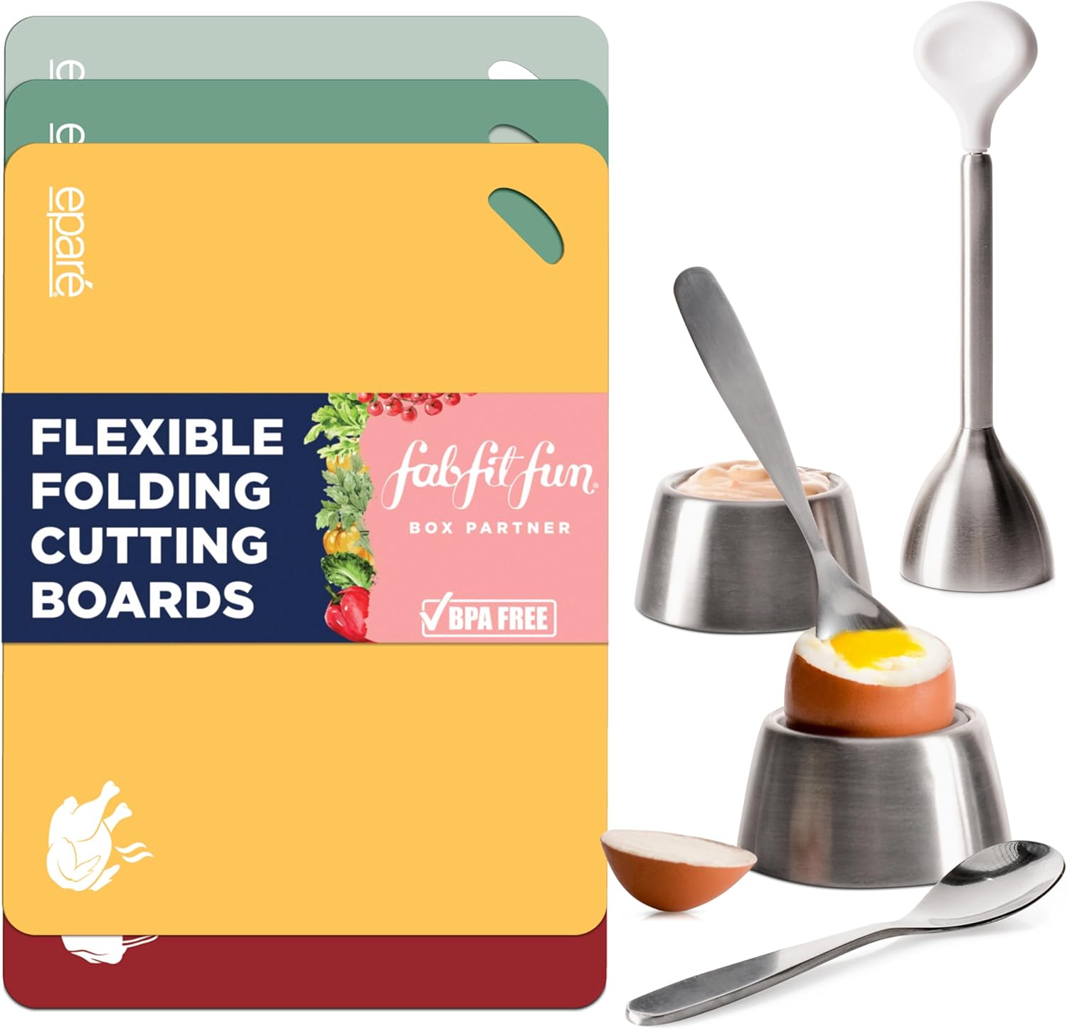 Eparé Bundle: Plastic Cutting Board Mat Set & Egg Cracker Topper Set – Large Flexible Chopping Boards Non Slip Kitchen Mats & Complete Soft Boiled Egg Tool Set Eparé Bundle: Plastic Cutting Board Mat Set & Egg Cracker Topper Set – Large Flexible Chopping Boards Non Slip Kitchen Mats & Complete Soft Boiled Egg Tool Set