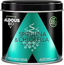 Chlorella + Spiruline Comprimés - 600 Comprimés - 3000mg par Dose Journalière - Anti Fatigue & Immunité Adulte - Phycocyanine & Protéines - Vegan - DETOX - Sans Additif - Certifié Bio - ALDOUS
