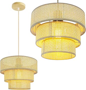 Ceiling Lights, Boho Rattan Ceiling Light, Farmhouse Island Lamp for Kitchen, Yellow&White Rattan Woven Drum Triple Shade, Wood Pendant Light with 4.4Ft Cord for Kitchen Island Decor,Bedroom