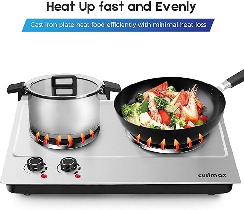 Miniatura 3 de Placa de cocción, Cusimax - Quemador doble de 1800 W, placa de calentamiento de hierro fundido, estufa eléctrica con control de temperatura