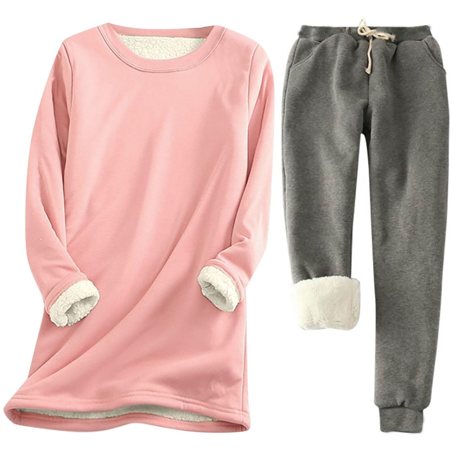 Pantaloni Termici Invernali a Maniche Lunghe e Pantaloni Comodi, Tinta Unita, Foderati in Pile, Casual, Caldi, Due Pezzi