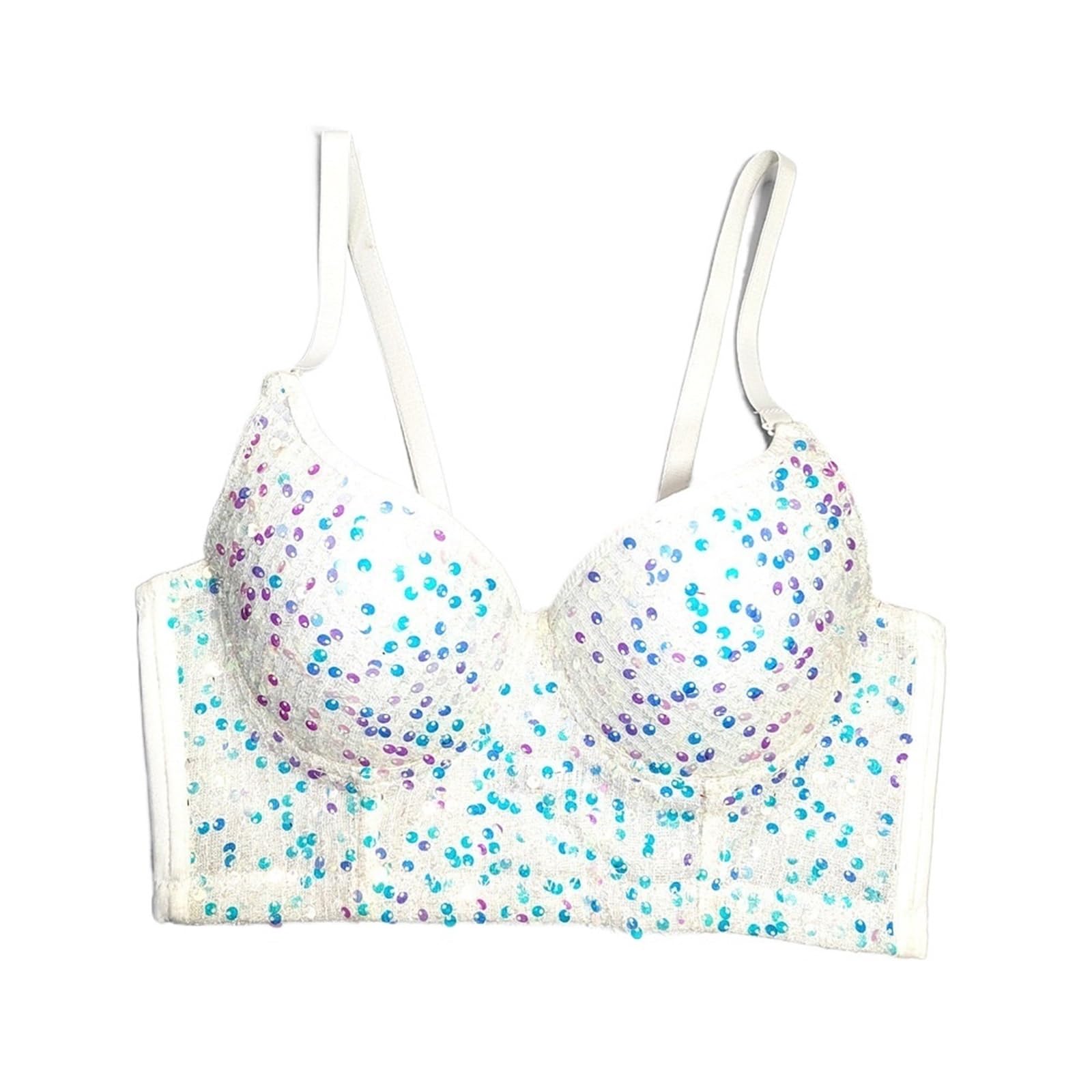 LIUHLFSR Glittery Deep V-neck Elastic Push-up Bra For Parties And Dancing Triangle Cup Sexy Women Underwear Bralette Sequins Lingerie for Dancing Carnival Party(40C,White)