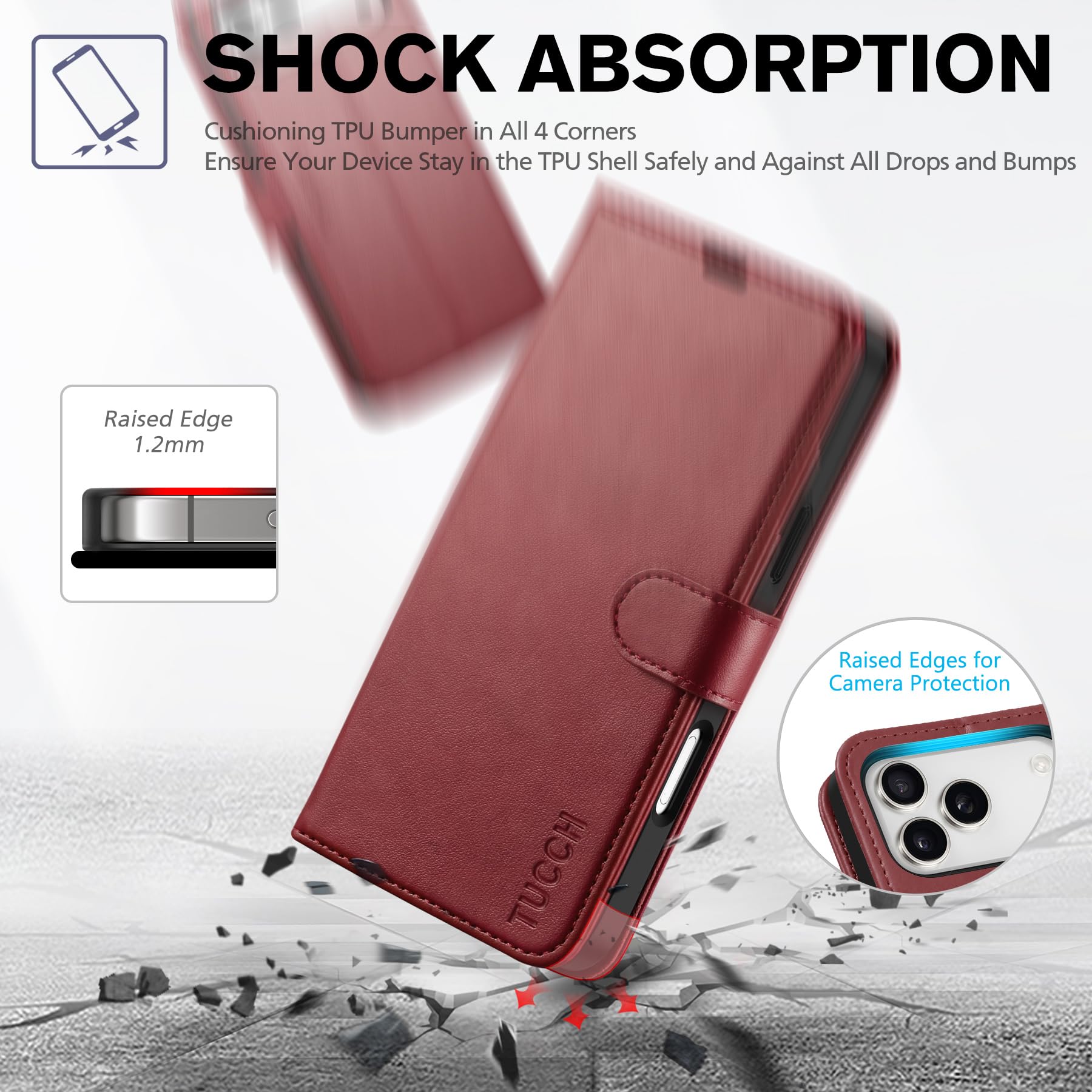 TUCCH Funda para iPhone 17 Pro MAX 6,9-Pulgadas 5G 2025 Bloqueo RFID Cartera | Funda Cuero PU Cáscara TPU A Prueba de Golpes Ranura Tarjeta Soporte Plegable Cover Libro Cierre Magnético, Rojo Oscuro