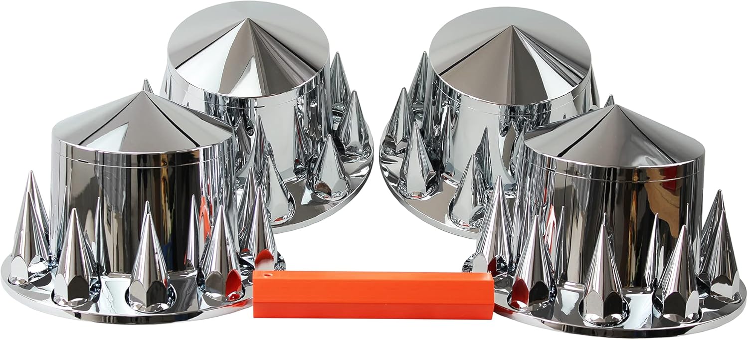 MRJLK Chrome ABS Complete Axle Cover Set with Hub Caps and 33mm Screw-On Spiked Lug Nut Covers for Semi Trucks (4 Rear)