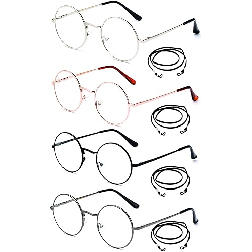 Newbee Fashion 4 Packs Round Reading Glasses with Lanyards Metal Frame Slim Rim Spring Hinge Circle Frame Vintage Reading Glasses +3.00