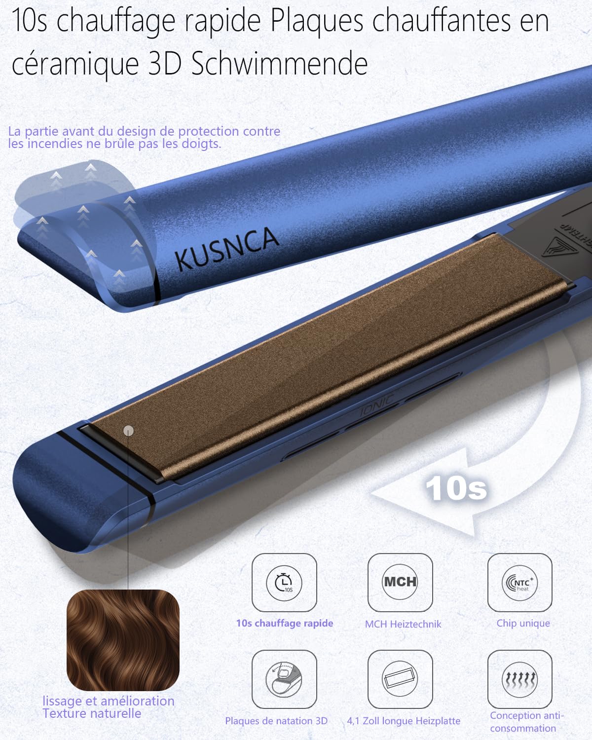 KUSNCA Lisseur Cheveux, 2 EN 1 Lisseur Boucler et Lisser Lisse et Brillant, 3D Plaque Céramique Flottante Empêche Les Cheveux de Tirer, Face Avant Avec Fonction Anti-brûlure, LCD 110°C-230°C (Bleu)