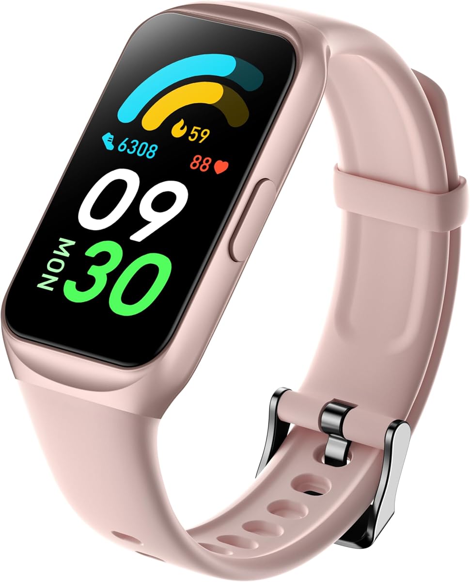 MEHRI Fitness Tracker - Reloj inteligente con frecuencia cardíaca 24/7, presión arterial y oxígeno, monitoreo del sueño y el estrés, impermeable IP68, rastreador de actividad, conteo de pasos, calorías, distancia y más (rosa)