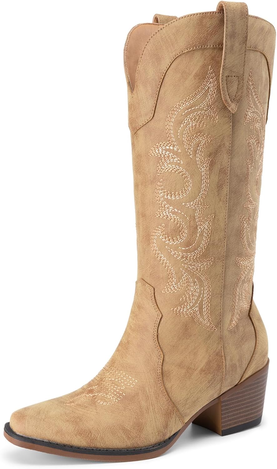 Athlefit Cowboy Cowgirl Boots for Women Western Fashion Embroidery Chunky Heel Pointed Toe Comfortable Mid Calf Boots with Side Zipper