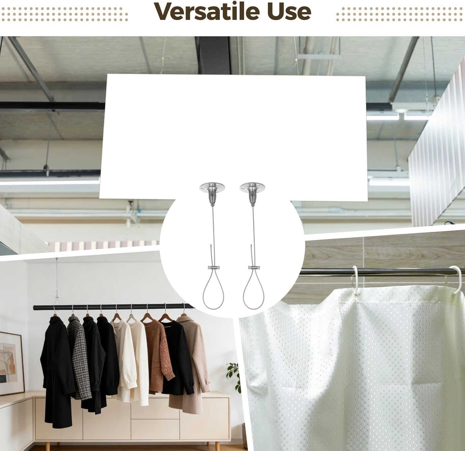 4 Pcs Adjustable Steel Ceiling Suspension Holder Kit, 59 in Steel Wire Rope with Round Base, Support Up to 22 lbs for Closet Rod, Shower Curtain Rod, Wardrobe Pipe, DIY Lighting Fixtures