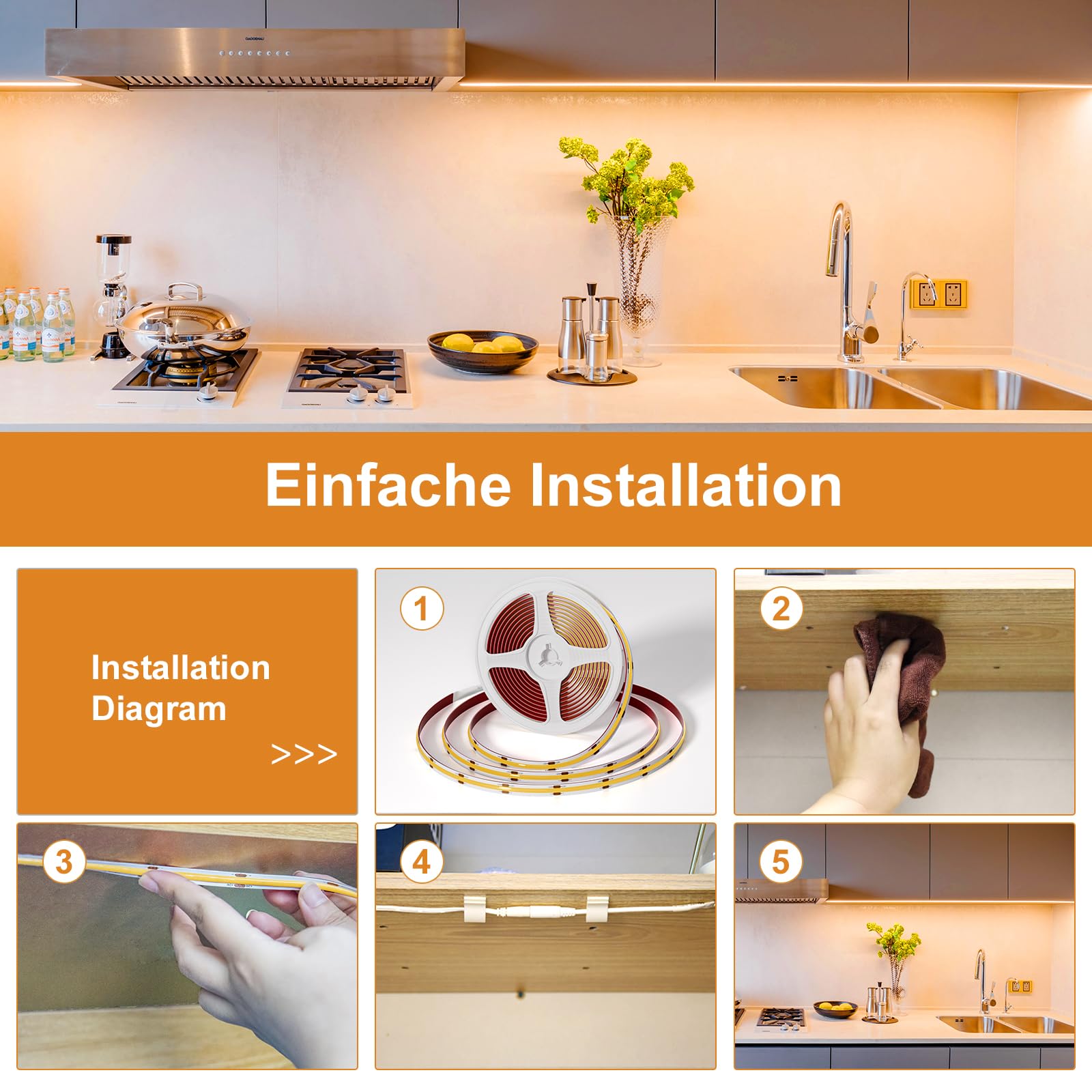 WOBSION Striscia LED Cucina COB 5 Metri Dimmerabile con RF Telecomando,Bianco Caldo Strisce Kit 3000K per Festa,la Casa,Bar,Camera e Armadio,24V GS Alimentatore Luminoso Luci da 320LEDs/M,CRI90+