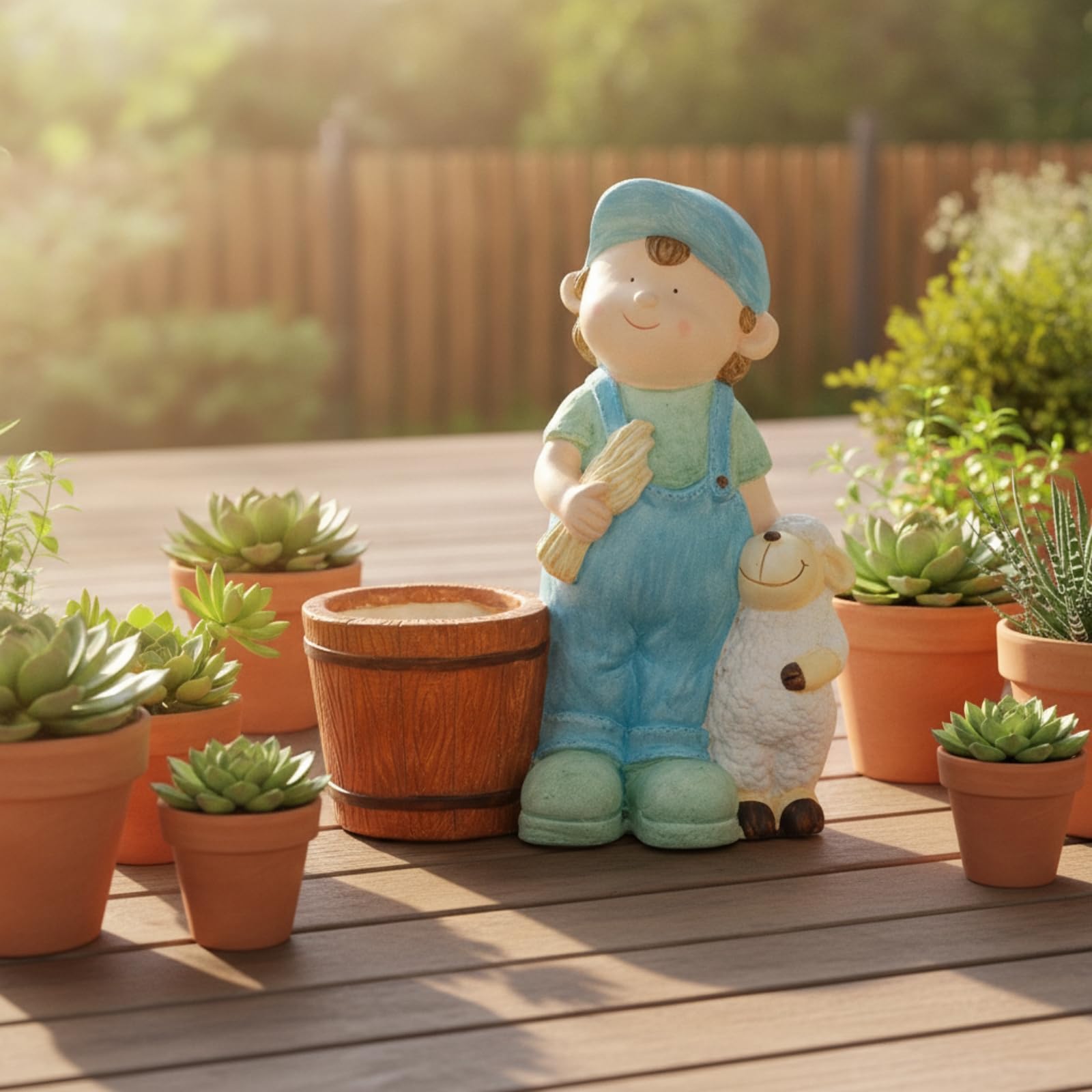 Blumentopf mit Kinderfigur Handbemalt Pflanztopf mit Cartoon-Figur Dekorativ Gartendeko für Gartenliebhaber, Balkon, Junge Mit Schaf