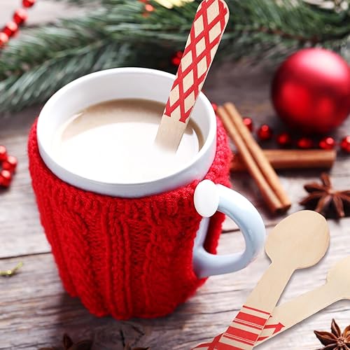 Miniatura 7 de Uiifan 120 cucharas de madera desechables de Navidad de 5.5 pulgadas, cucharas a rayas con rayas rojas, patrones de bastón de caramelo para degustar