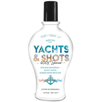 Tan Asz U Yachts & Shots 400X Bronzer Indoor Tanning Lotion, 7.5 Fl Oz | Double Shot super dark ocean mineral & sea salt cocktail in an advanced coconut water base, Blueberry Gardenia scent