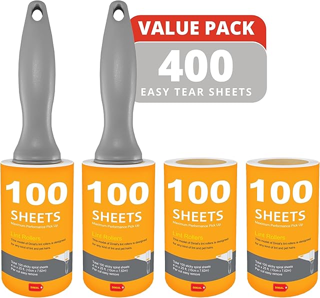 Dinial 2 Lint Roller Remover Handles + 2 Refills (400 SHEETS IN TOTAL) For Removes Pet Fur, Dust, Dirt from Clothes, Furniture, Carpet, Cars, Floor & Dog, Cat Hair.