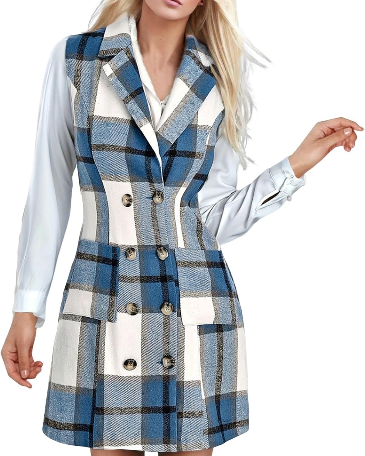 Women's Double Breasted Plaid Vest Collared Classic Longline Gilet