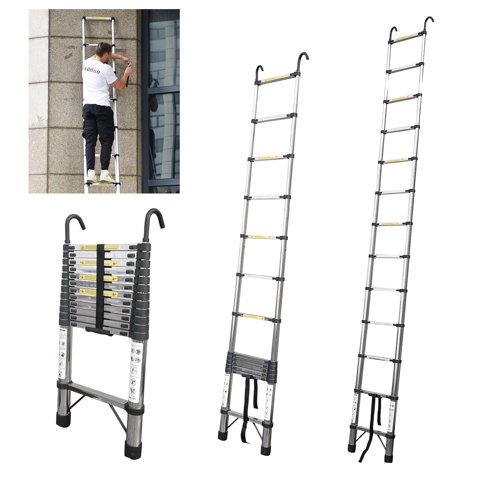 JADDUO Telescoping Ladder,12.5 FT Extension Ladder with Hook,Stainless Lightweight Telescopic Ladder with 2 Triangle Stabilizers