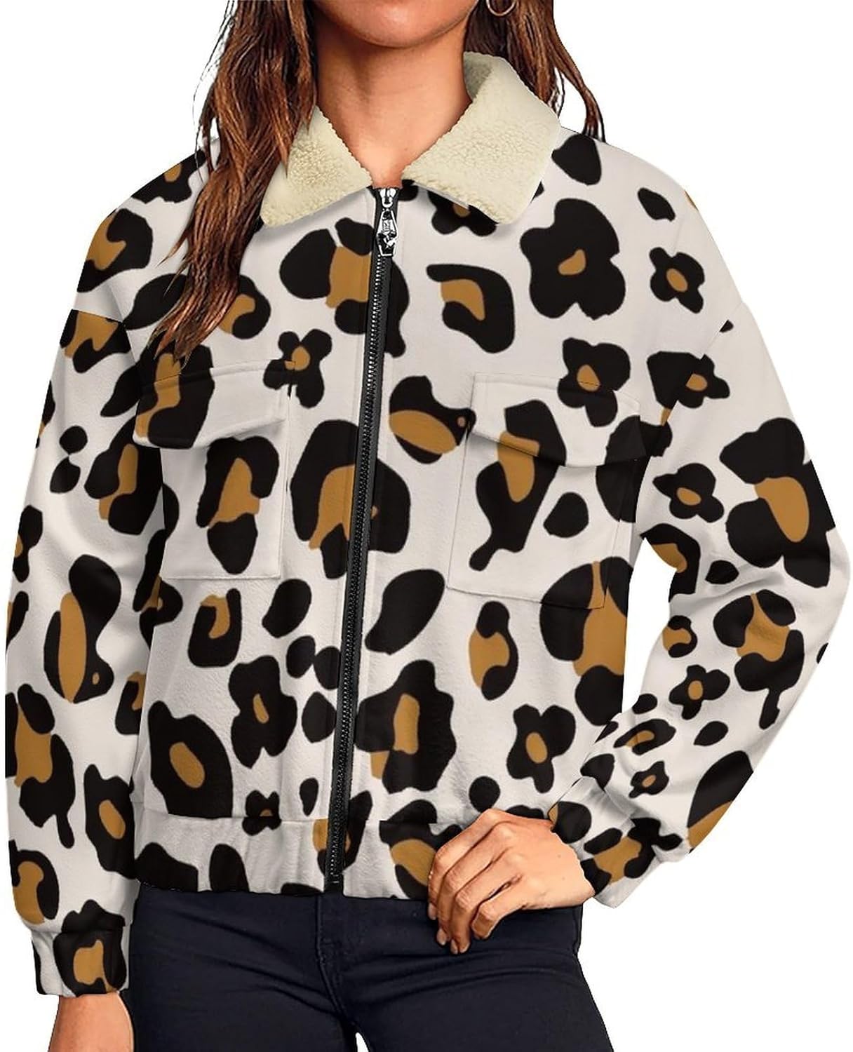 Golden Leopard Cheetah Print Jackets Womens Zip Up Sweatshirt Long Sleeve Warm Baseball Top Causal Pockets Stand