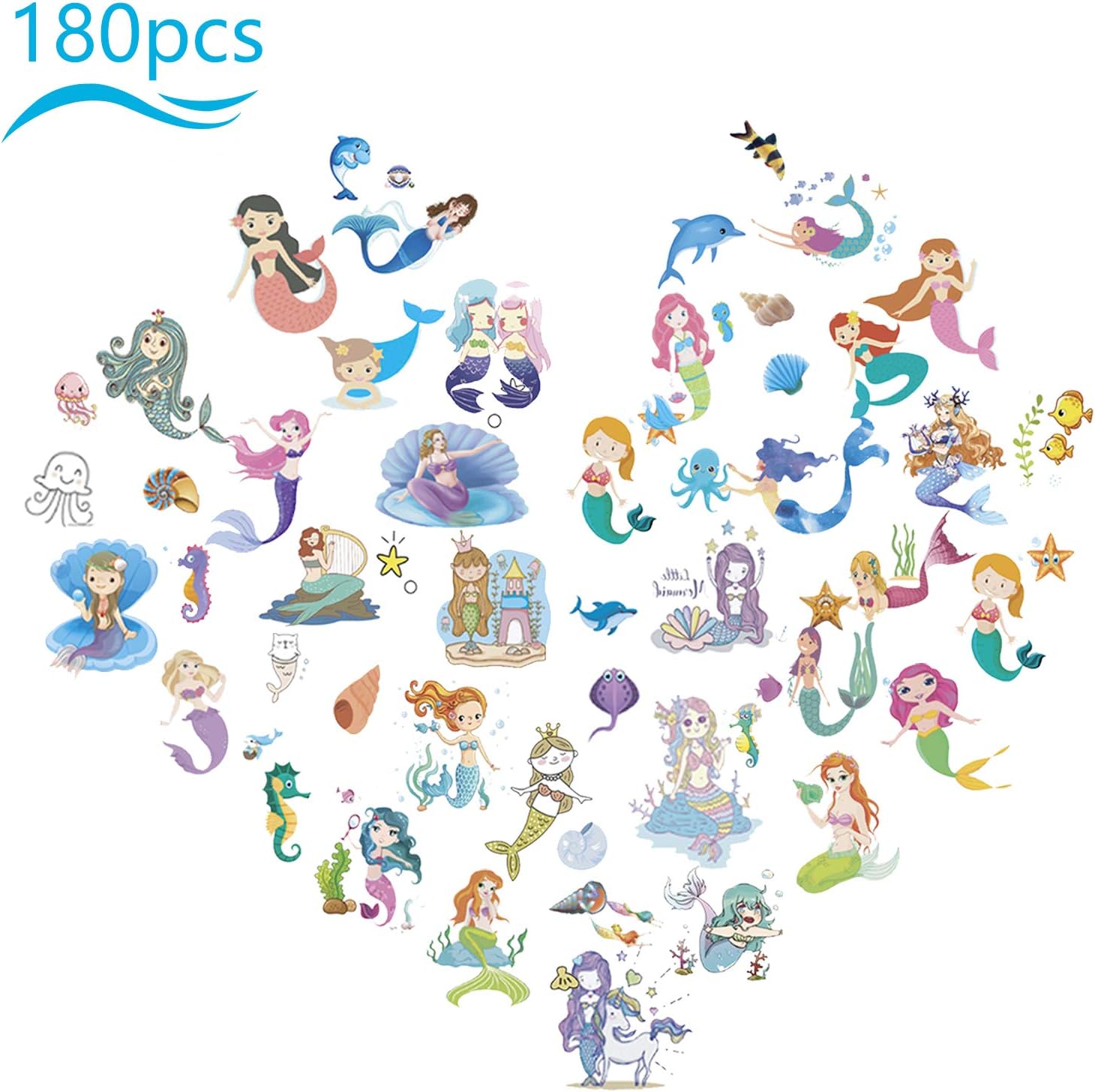 ZERHOK Mermaid Temporary Tattoo, 180pcs Kids Mermaid Tattoo Princess Mermaid Fake Stickers for Children Girl Under the Sea Themed Birthday Party Supplies Goodie Bag Filler(Pack of 30 sheets)