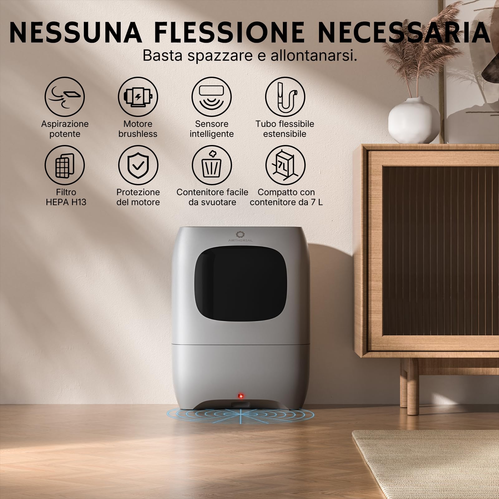 AIRTHEREAL T1 Paletta aspirante senza contatto, Aspirapolvere stazionario da 20kPa contro i peli di animali, Aspirazione con filo da 1500W con sensore a infrarossi, Serbatoio da 7L, HEPA F8 (Nero)