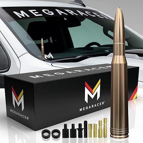 Mega Racer Gold 50 Cal Bullet Style Antena para camiones, automóviles y SUV, ajuste universal de 5.5 pulgadas, radio AMFM, aluminio sólido 6061,