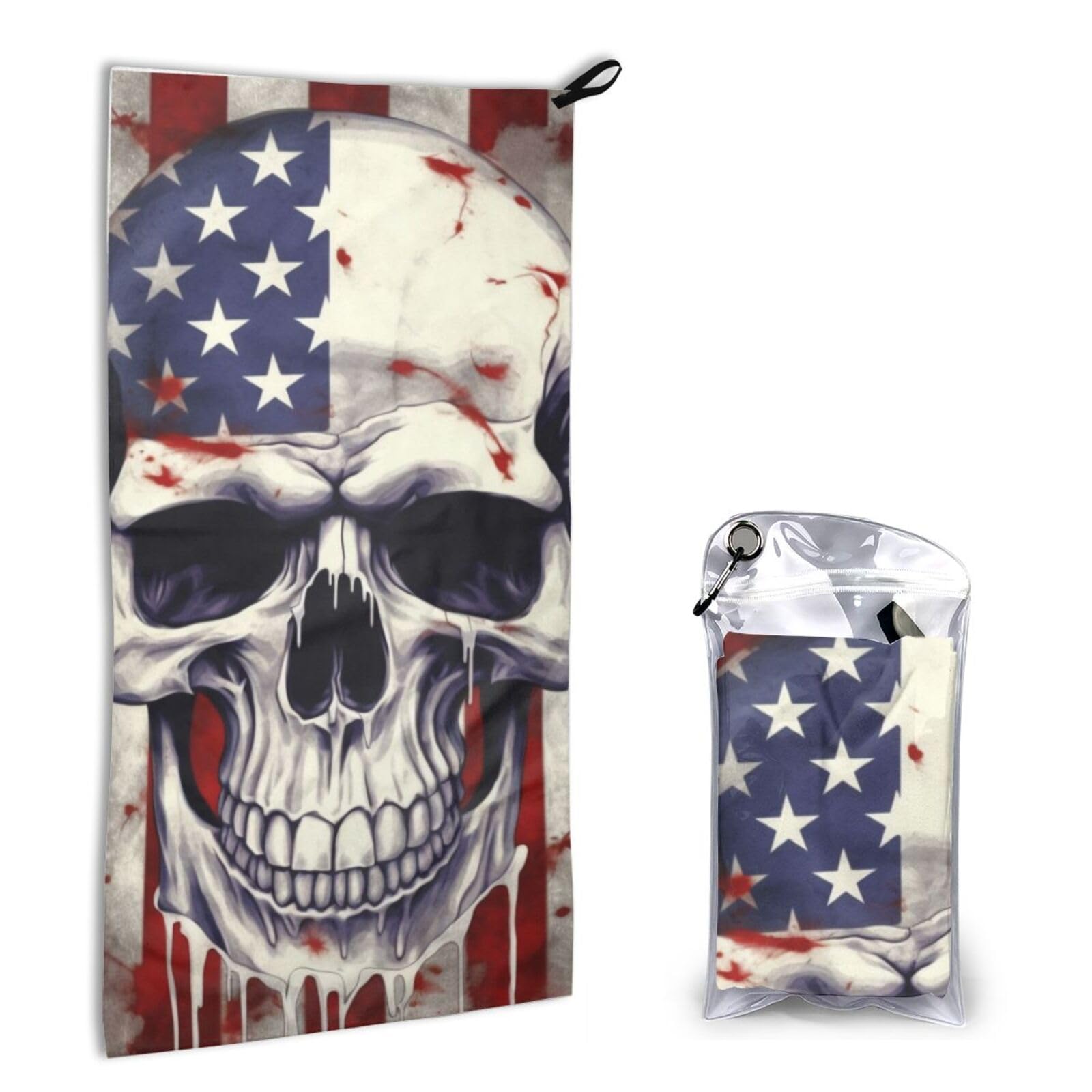 BWWHCCTI Quick Dry Hand Towel With Bag - American Flag Skull Printed Super Absorbent Face Cloth Microfiber Travel Sports Towels 40x80cm