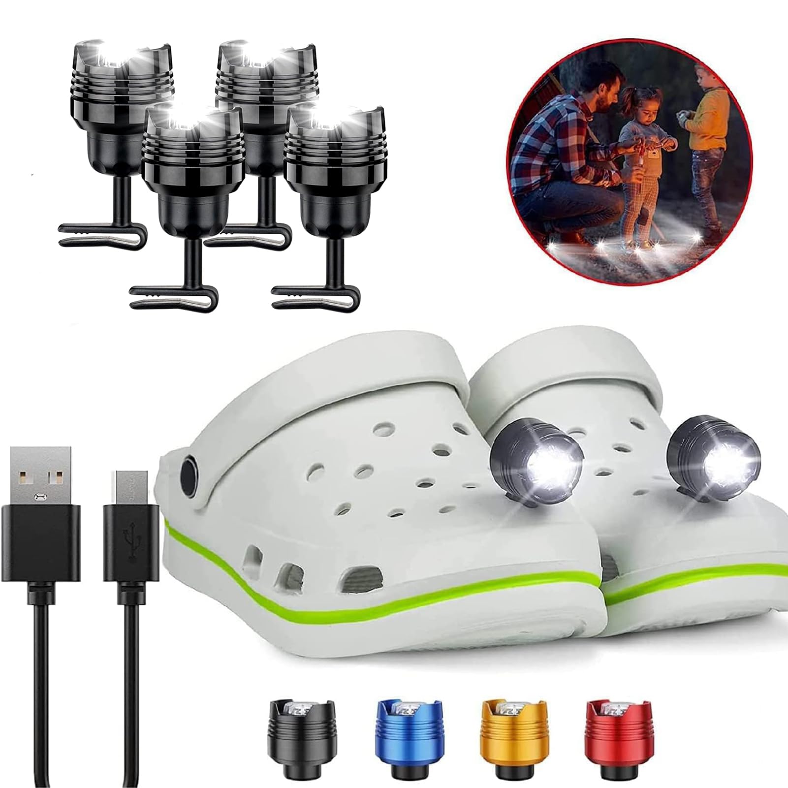 4 Pcs Rechargable Headlights for Crock, Outdoor Waterproof LED Flashlight for Shoes, Clip on Crock Light Attachment Charm, Accessories for Camping,