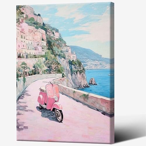 Quark Arte de pared retro de la costa de Amalfi, decoración costera rosa italiana, decoración costera italiana, pastel, Vespa, paisaje, decoración