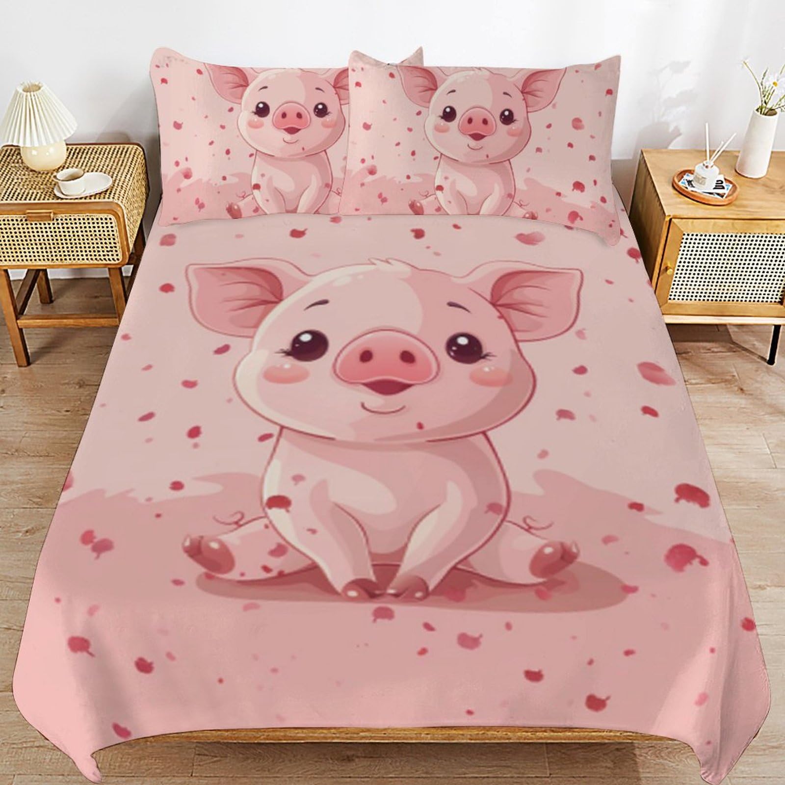 Housse de couette enfant cochon rose, parure 3 pièces idée cadeau